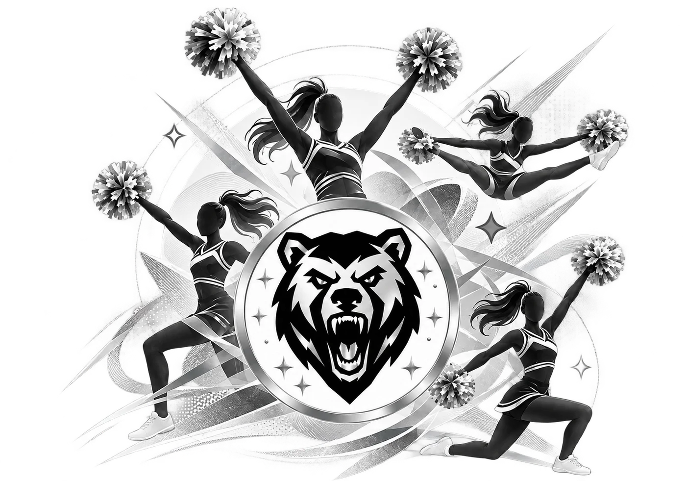 Faceless cheerleaders in black and silver behind the Oakdale Bear emblem